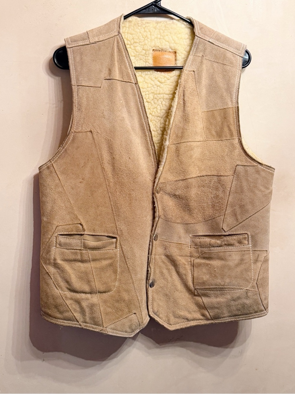 Vintage Tan Suede patchwork Sherpa-Lined Vest size medium